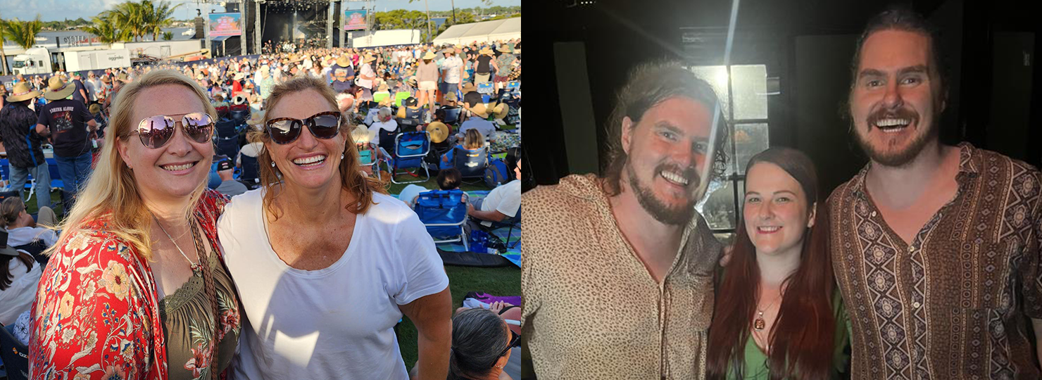 Left: Bec La Haye, Head of Touring & Live Performance, and Juliana Kuhn, Entertainment Services Administrator, at the Red Hot Summer Tour. Right: Emma Bradbury, Travel Specialist, pictured with the Pierce Brothers.
