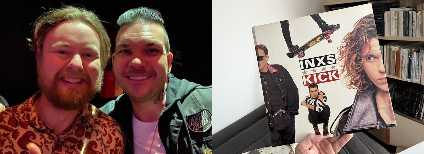 Left: Darren Swinton, Touring Travel Consultant, pictured with Clint Boge from The Butterfly Effect. Right: Adam Tulich, Show Group General Manager, holding INXS' Kick vinyl album ahead of Ausmusic T-Shirt Day 
